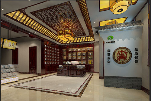 天门古朴典雅的中式茶叶店大堂设计效果图